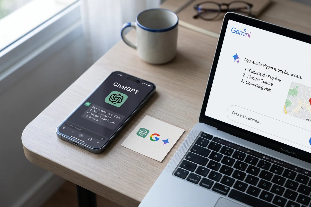 Celular com o ChatGPT e notebook com o Gemini indicando empresas locais numa resposta.