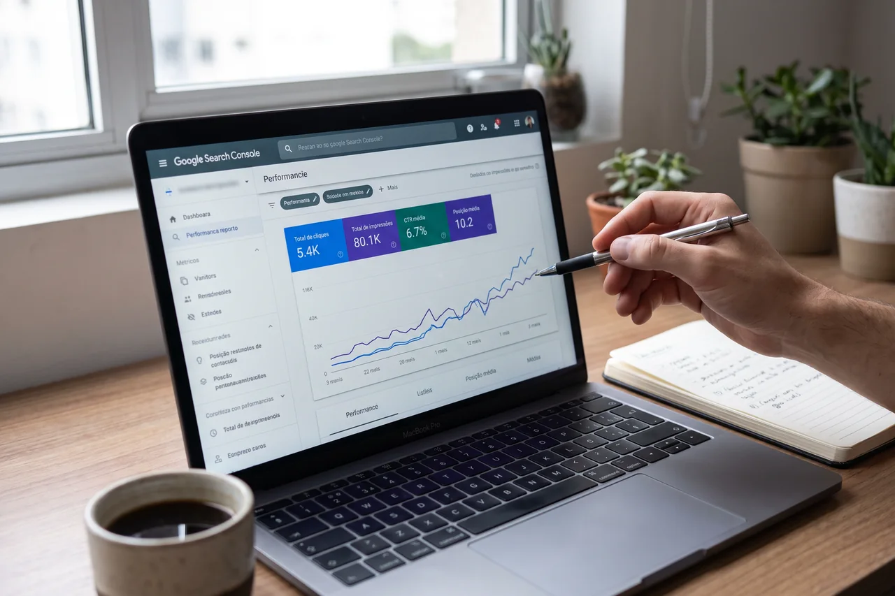 Notebook com o relatório de desempenho do Google Search Console e uma mão apontando o gráfico em alta.