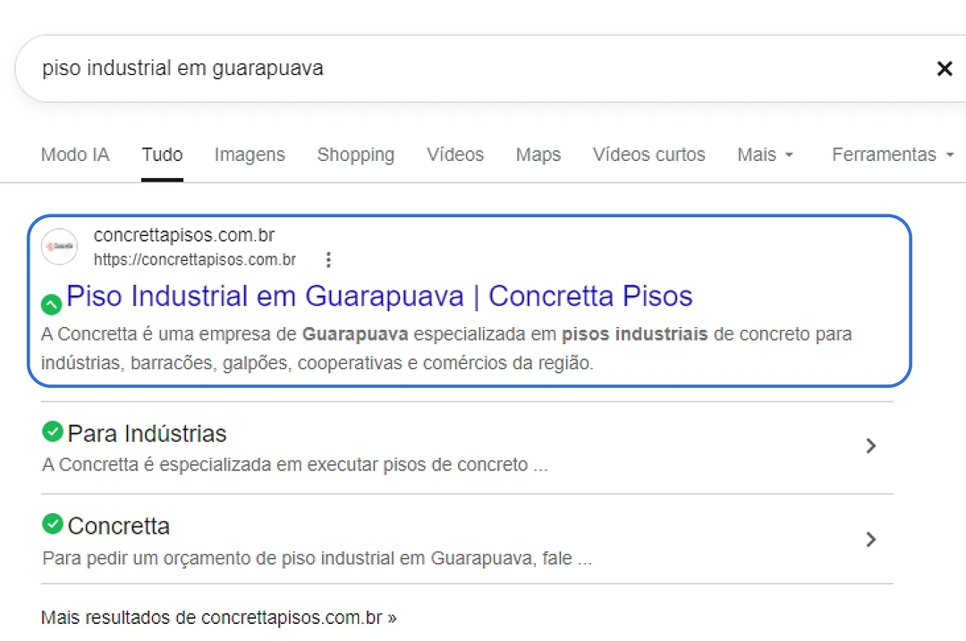 O concrettapisos.com.br como primeiro resultado para "piso industrial em guarapuava", com links para as páginas internas.