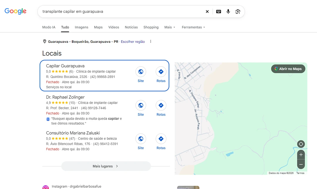 Perfil da Empresa do Dr. Victor Taborda em primeiro entre os locais para "transplante capilar em guarapuava", com nota 5,0.