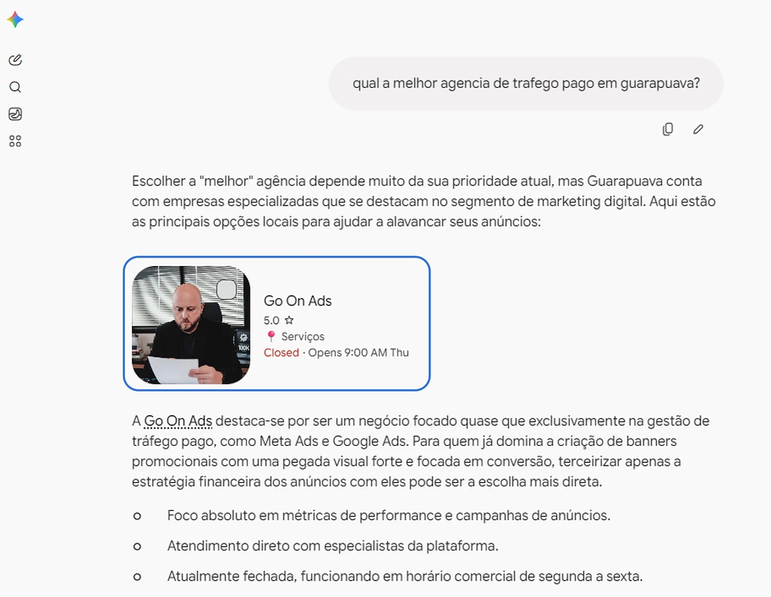 Resposta do Gemini destacando a Go On Ads para gestão de tráfego pago em Guarapuava