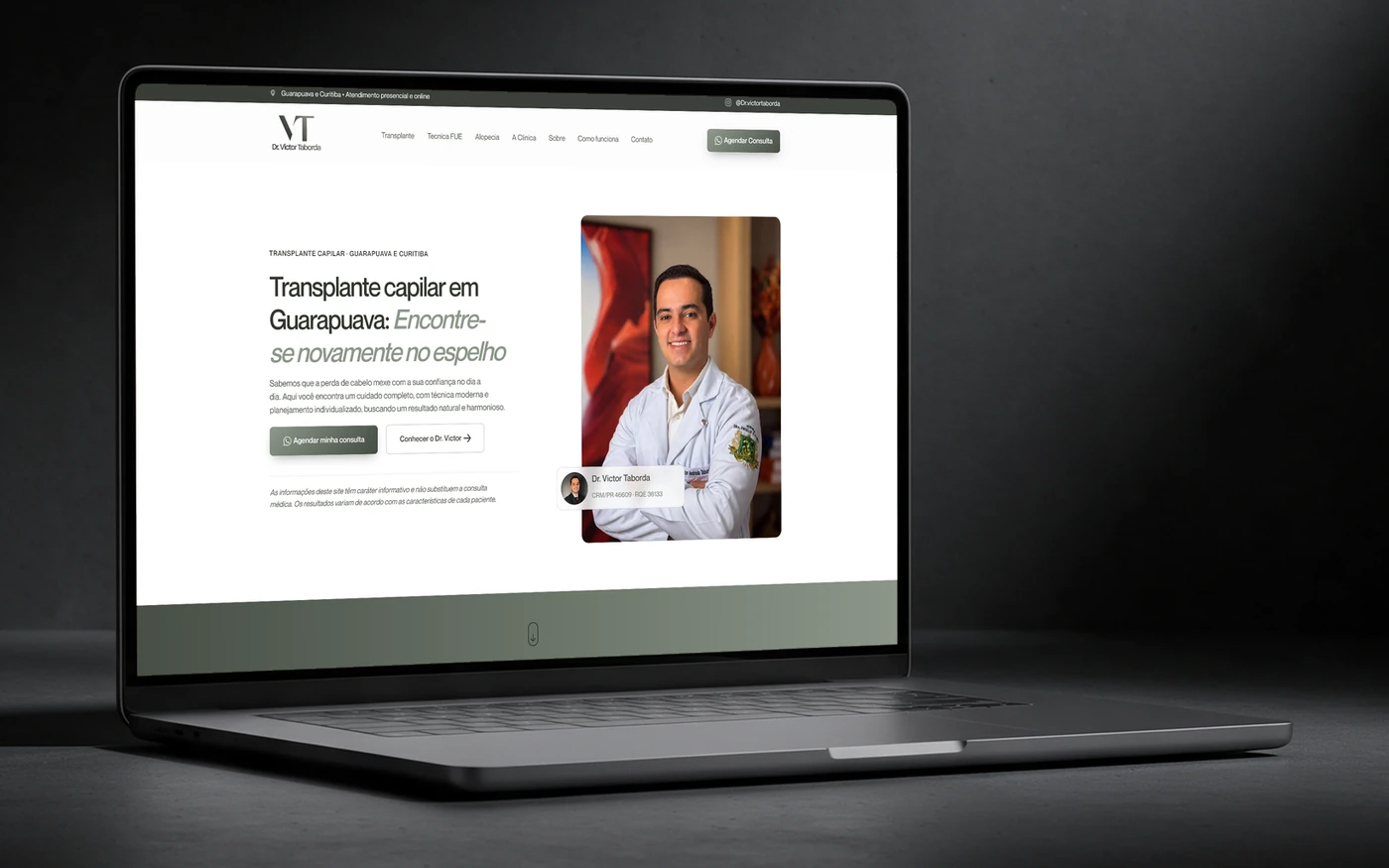 Site do Dr. Victor Taborda, transplante capilar em Guarapuava, em um notebook