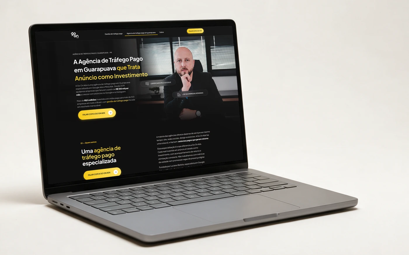 Site da Go On Ads, agência de tráfego pago em Guarapuava, em um notebook