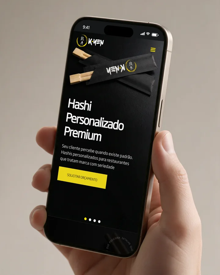 Mão segurando um celular com o site Kyen Pack aberto