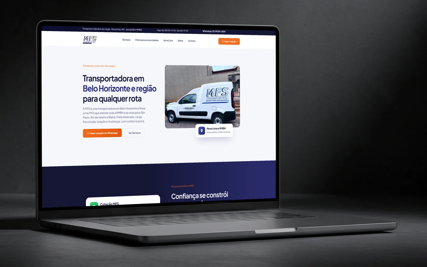 Site da MFS Transportes, transportadora em Nova Lima e Belo Horizonte, em um notebook