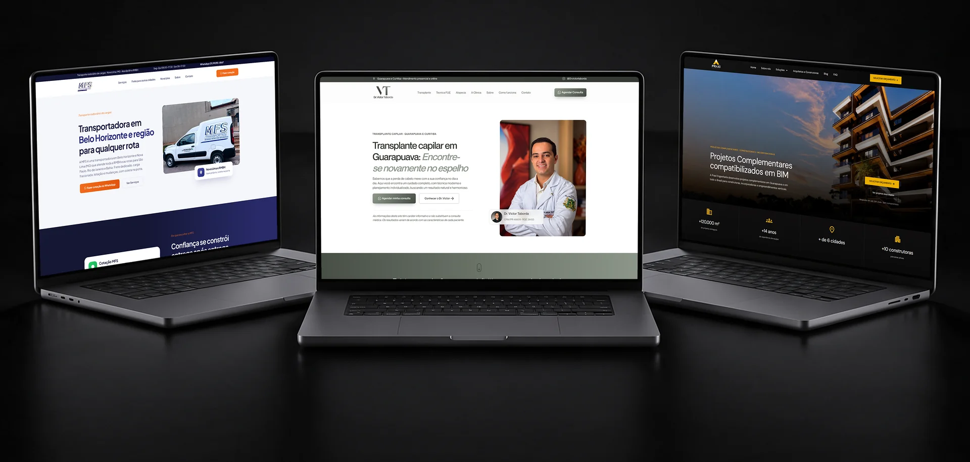 Sites da MFS Transportes, do Dr. Victor Taborda e da Praxi Engenharia abertos em três notebooks